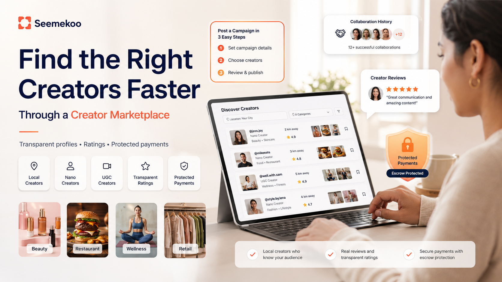 Brand using Seemekoo creator marketplace to find local, nano, and UGC creators with transparent ratings and protected payments
