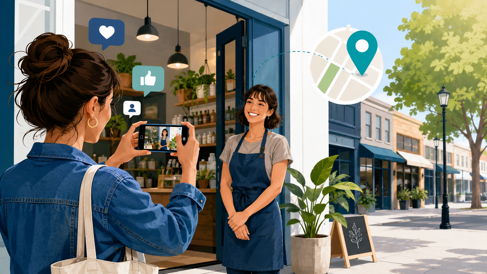 Local content creator filming a small business owner for social media marketing and local business promotion.